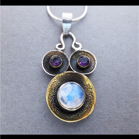 Rainbow Moonstone Amethyst Gemstone Sterling Pendant Necklace - Picture 7 of 7